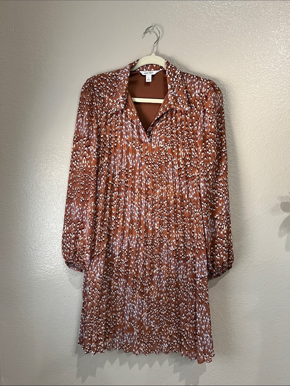Nine West Rust White Printed Long-Sleeve Shift Midi Dress Sz S Boho Chic TC0487